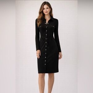 NWT White House Black Market Elegant Black Button-Down Dress mid length size Xs